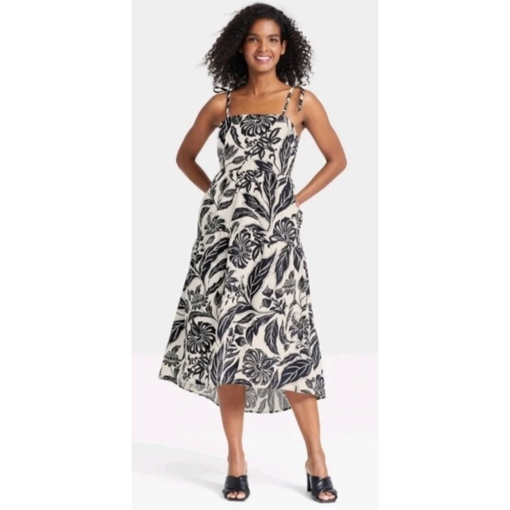 Who What Wear Batik Floral Birch Cotton Dress Black and White Floral Pattern XS